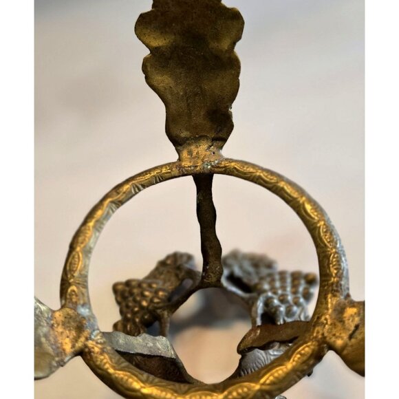 Brass Orb Holder Vtg Speheres Candle Bowl Three Prong Grapes & Leaves 6"x6"x4.5" - Picture 5 of 14